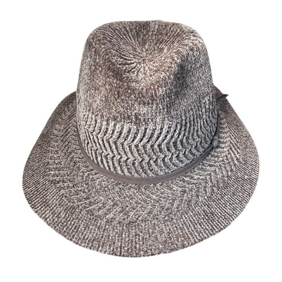 ANNE KLEIN BROWN CHENILLE KNIT FEDORA HAT, SUEDE CORD BAND, GOLD LOGO, OS, NWT - Picture 3 of 5